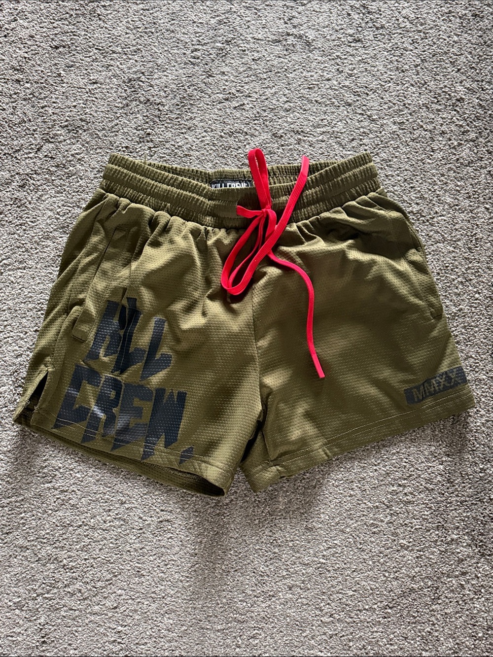 Men's Kill Crew Olive Green Athletic Shorts with Red Drawstring